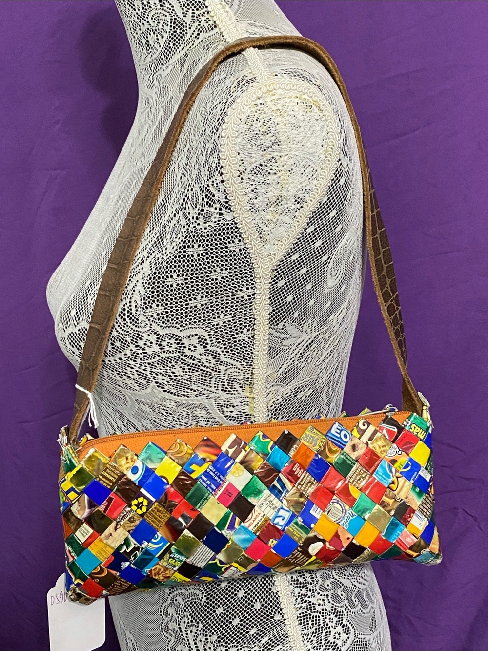 Upcycled Handwoven Candy Wrapper Shoulder Bag with Brown Leather Strap